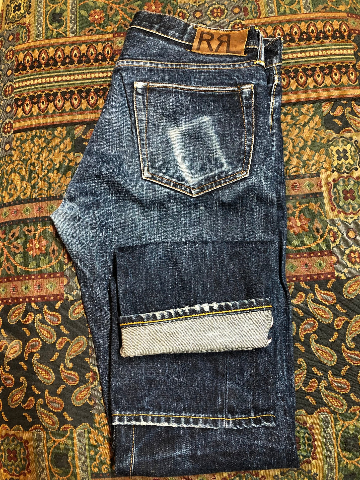 Double RL Ralph Lauren Slim Fit Denim Jeans Mid rise Button fly 100% Cotton Japan Selvage Medium Wash Made in USA - Kingspier Vintage