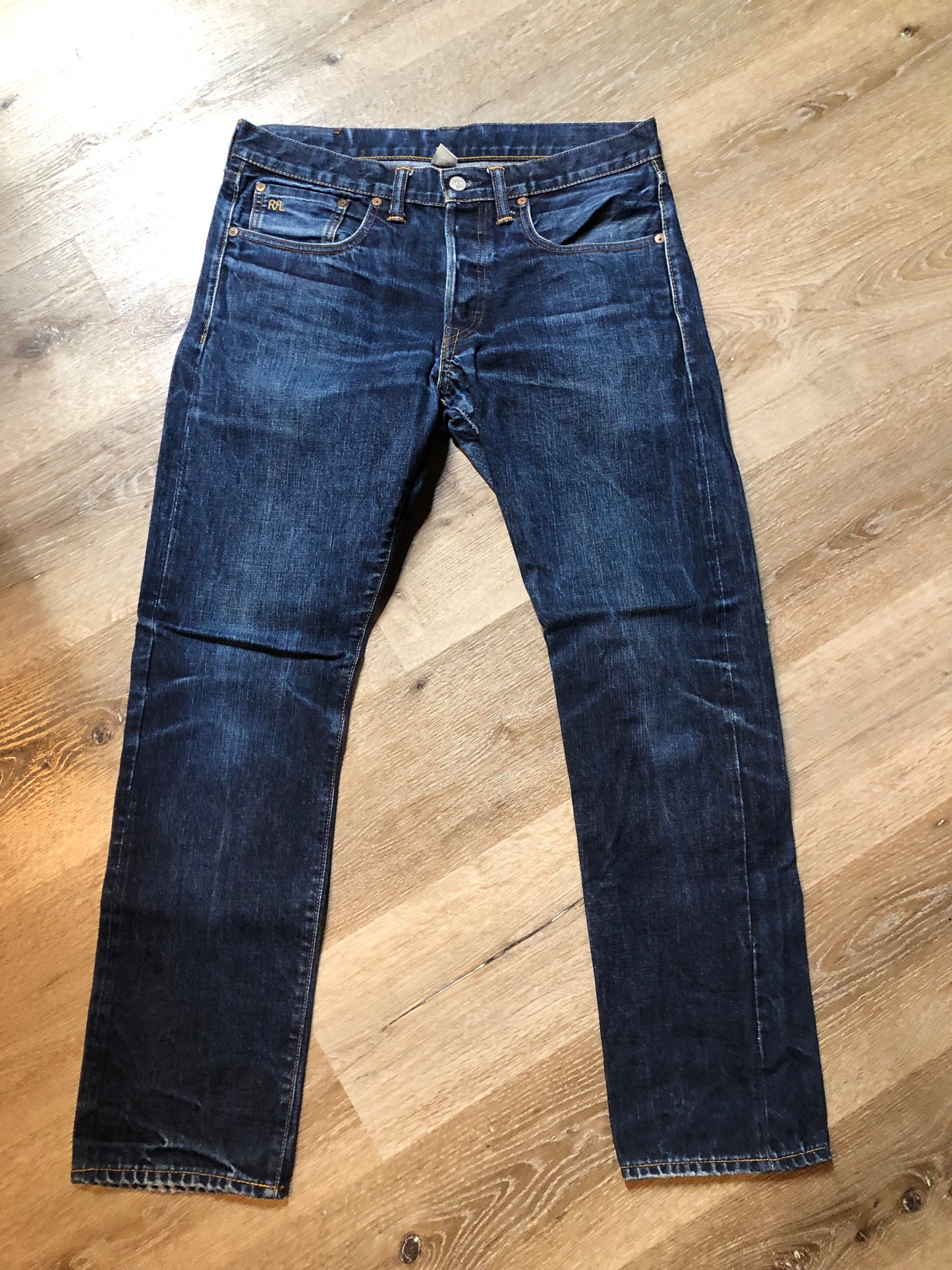 Double RL Ralph Lauren Slim Fit Denim Jeans Mid rise Button fly 100% Cotton Japan Selvage Medium Wash Made in USA - Kingspier Vintage
