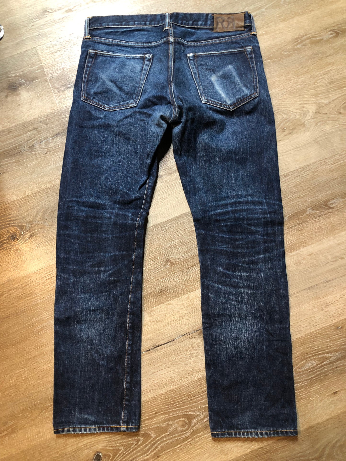 Double RL Ralph Lauren Slim Fit Denim Jeans Mid rise Button fly 100% Cotton Japan Selvage Medium Wash Made in USA - Kingspier Vintage