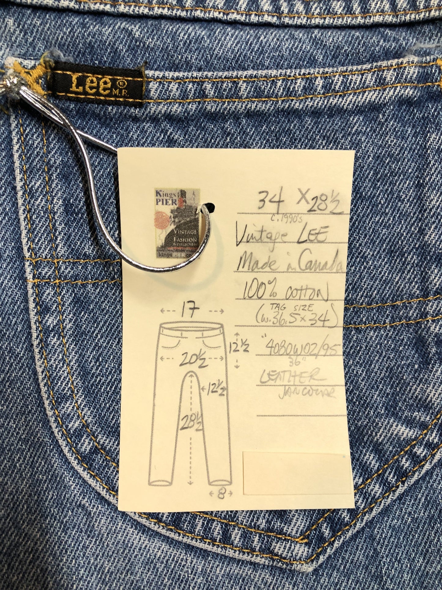 Vintage Lee Denim Jeans - 4080W02/95 High rise Straight leg. Medium Wash 100% Cotton Tagged as 36.5”x34” Made in Canada - Kingspier Vintage