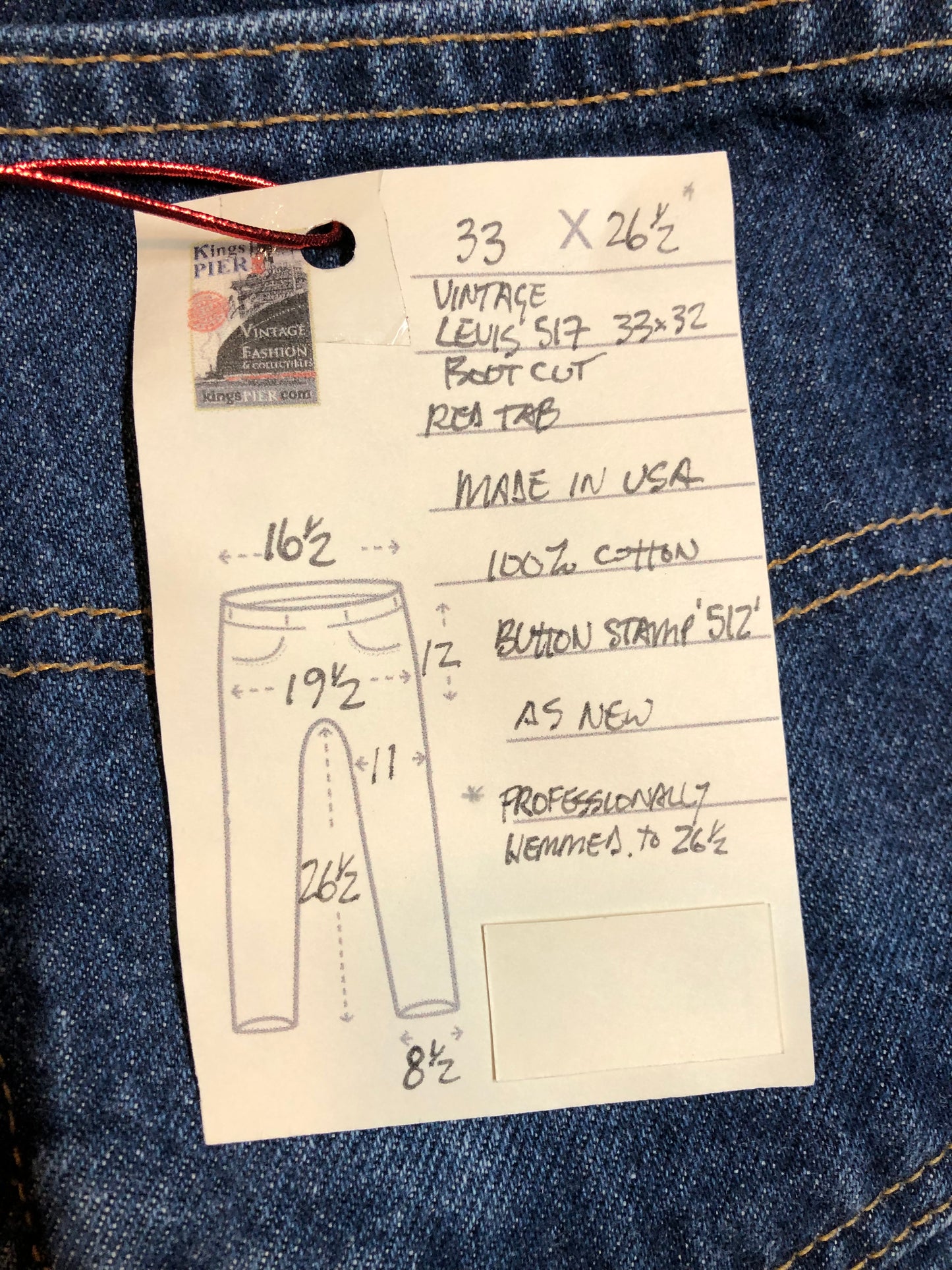 Levi’s 517 Denim Jeans - 33”x26.5” Vintage Red Tab High rise Zip fly Boot cut leg 100% Cotton Medium Wash Button stamp “512” Tagged at 33x34 Professionally hemmed at 26,5” Made in USA - Kingspier Vintage