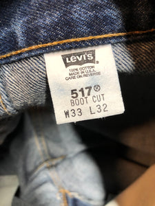 Levi’s 517 Denim Jeans - 33”x26.5”  Vintage Red Tab  High rise  Zip fly  Boot cut leg  100% Cotton  Medium Wash  Button stamp “512”  Tagged at 33x34 Professionally hemmed at 26,5”  Made in USA - Kingspier Vintage
