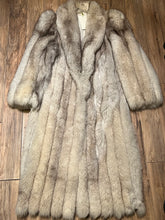 Load image into Gallery viewer, Vintage Saga Fox Royal Genuine Blue Fox Fur Coat with hook and eye closures and two front pockets.

Size 10
