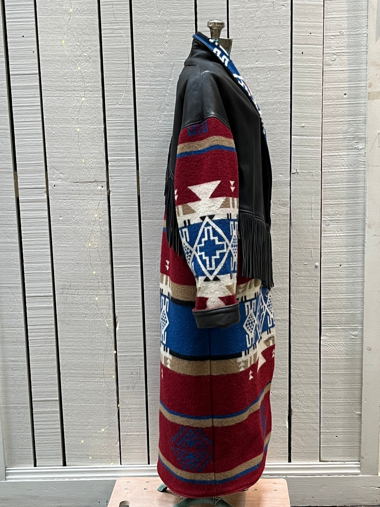 Vintage TA Branded Santa Fe/ Southwest style wool coat with deerskin fringe, leather cuffs and natural horn buttons.