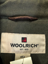 Load image into Gallery viewer, Kingspier Vintage - Woolrich olive green chore jacket features suede collar, flap pockets, hand warmer pockets, zipper and button closures, inside autumn colour striped fleece lining and inside pocket with pencil/ small tool holders. Men’s large.

