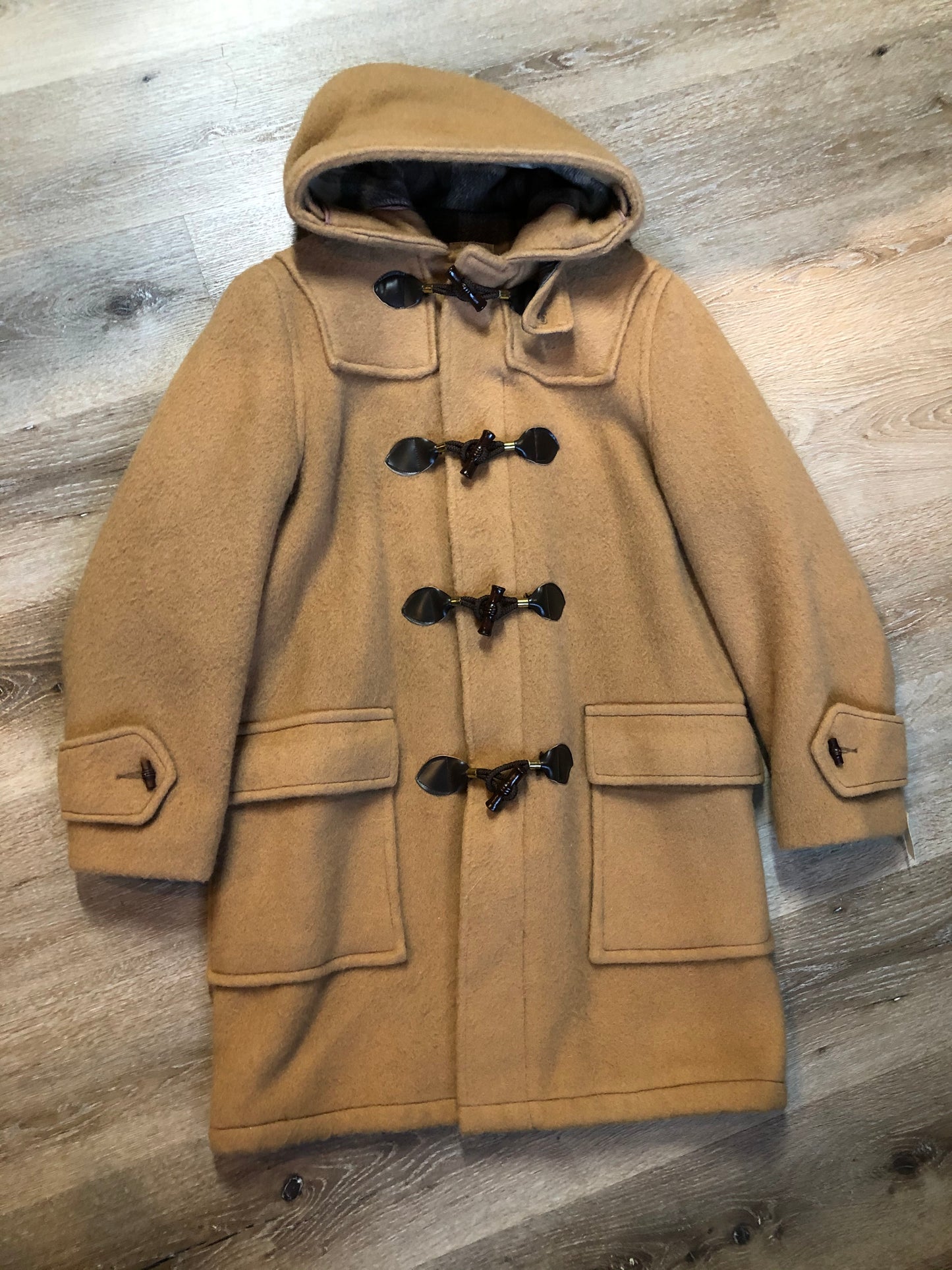 Kingspier Vintage - Deadstock Hudson’s Bay Company duffle coat in camel with wooden toggles, flap pockets, zipper closures and hood.