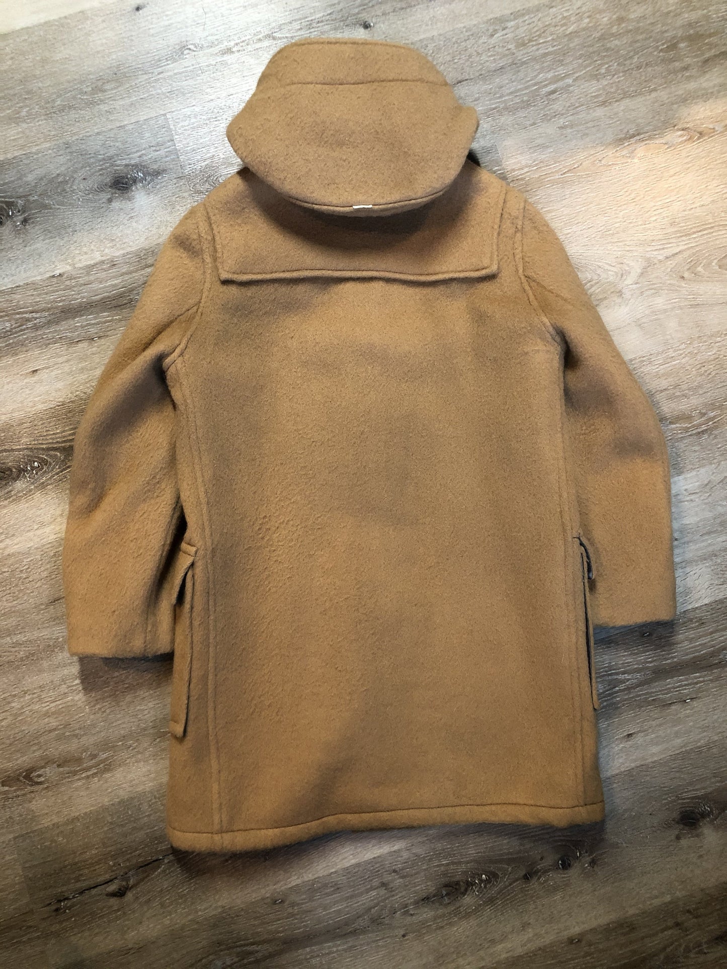 Kingspier Vintage - Deadstock Hudson’s Bay Company duffle coat in camel with wooden toggles, flap pockets, zipper closures and hood.