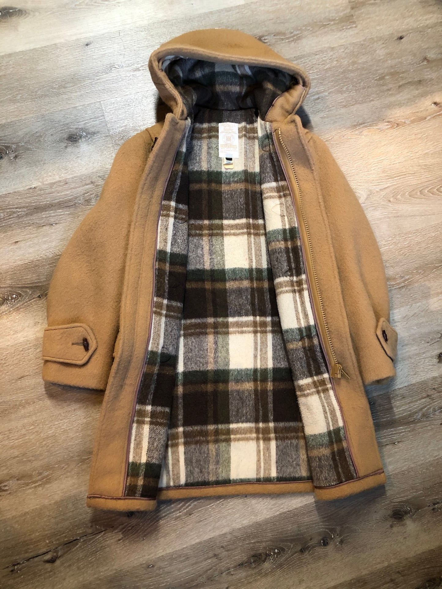 Kingspier Vintage - Deadstock Hudson’s Bay Company duffle coat in camel with wooden toggles, flap pockets, zipper closures and hood.
