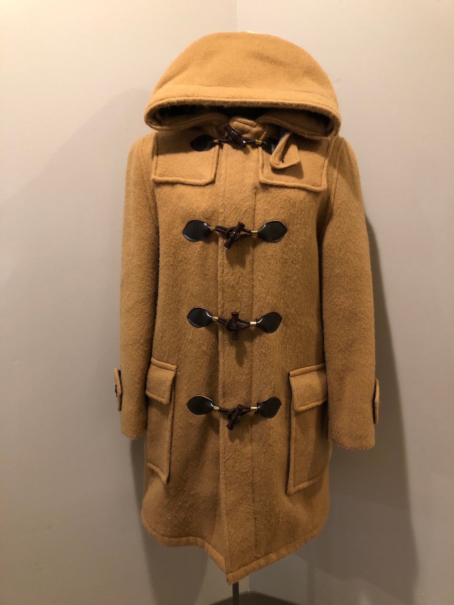 Kingspier Vintage - Deadstock Hudson’s Bay Company duffle coat in camel with wooden toggles, flap pockets, zipper closures and hood.