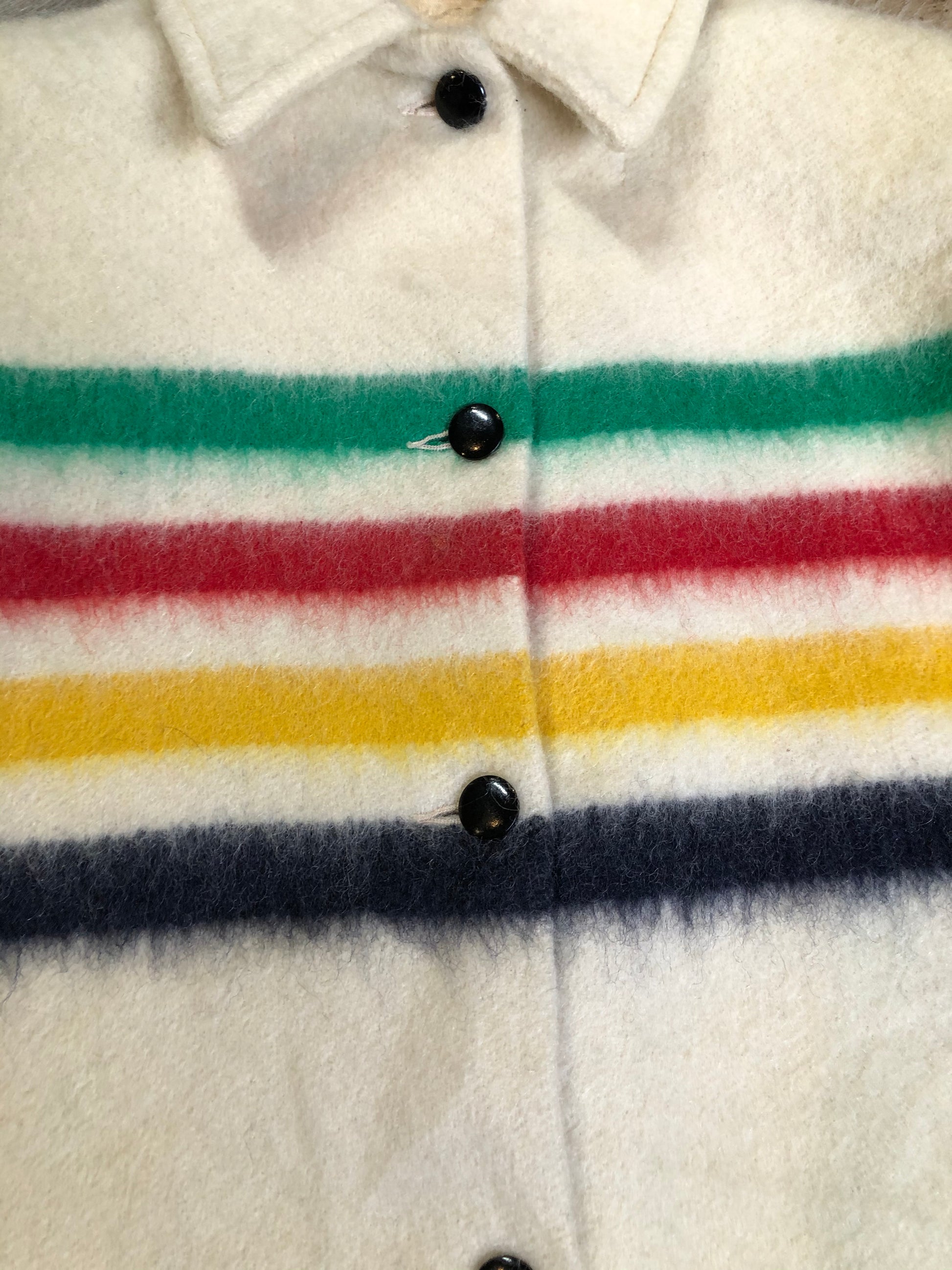 Kingspier Vintage - Vintage Hudson’s Bay Company point blanket jacket in iconic multi-stripe colours with flap pockets and button closures. Mens size small.