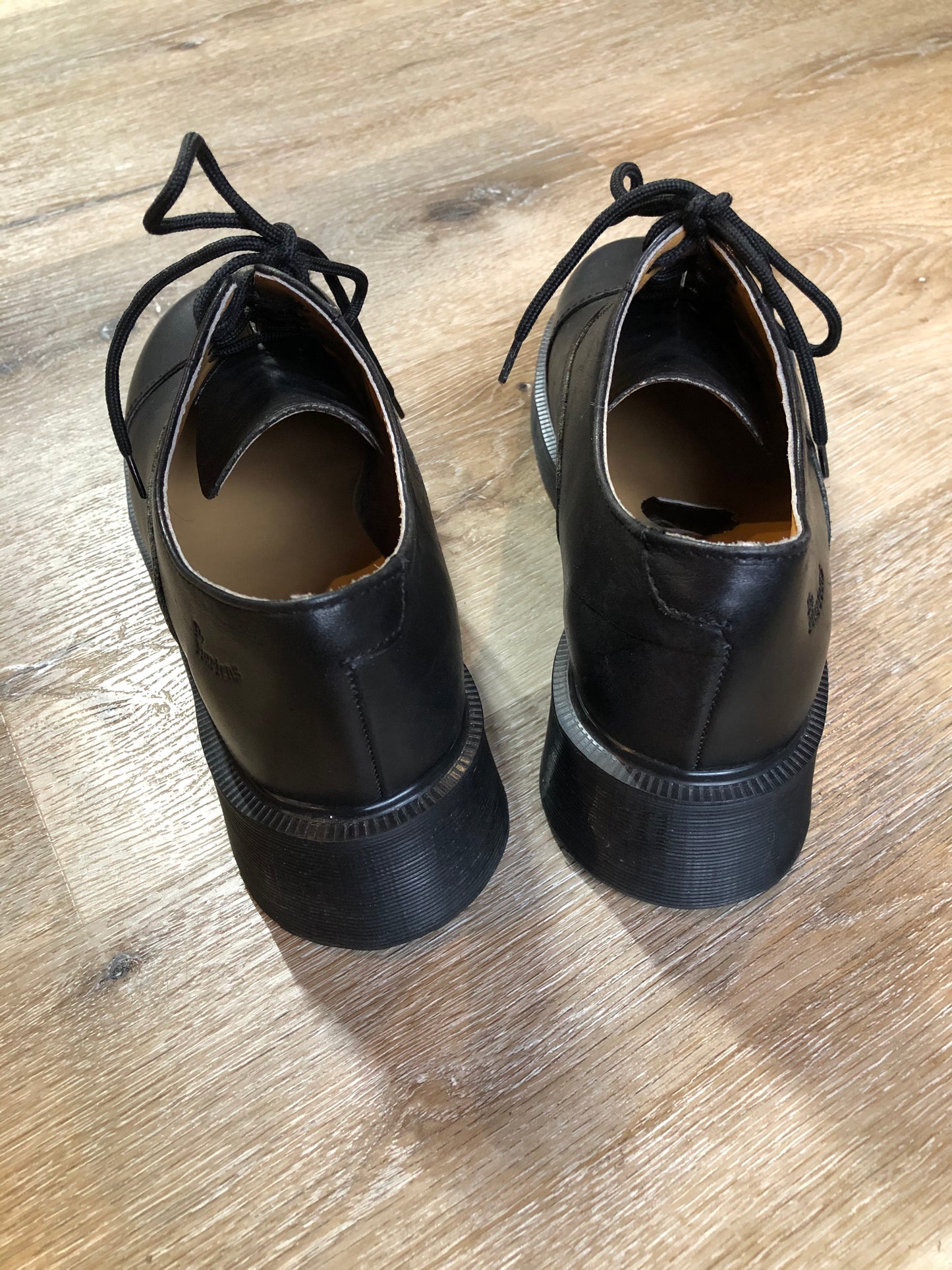 Kingspier Vintage - Brand new, made in UK! Black Doc Martens, heeled 70s style (more dramatic than the modern "Shriver" style.) Top of shoe hits at the ankle.
Size UK 6/ US W 8.5