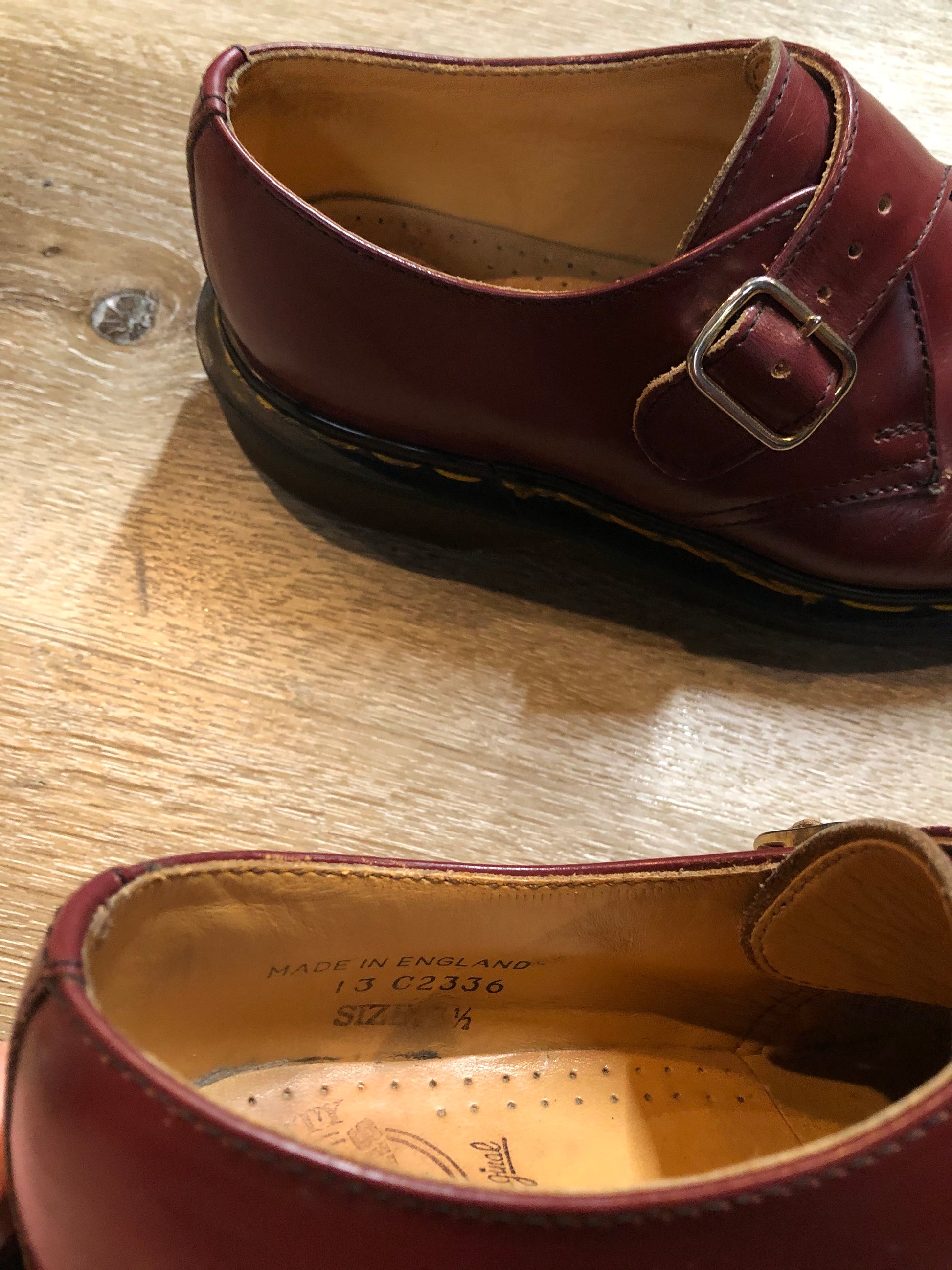 Kingspier Vintage - Vintage Monkstrap Doc Martens in Oxblood
Made in UK
Size UK 3.5, US W 5.5 
*As this is a vintage item there are some slight signs of wear. Overall they are in fantastic condition!