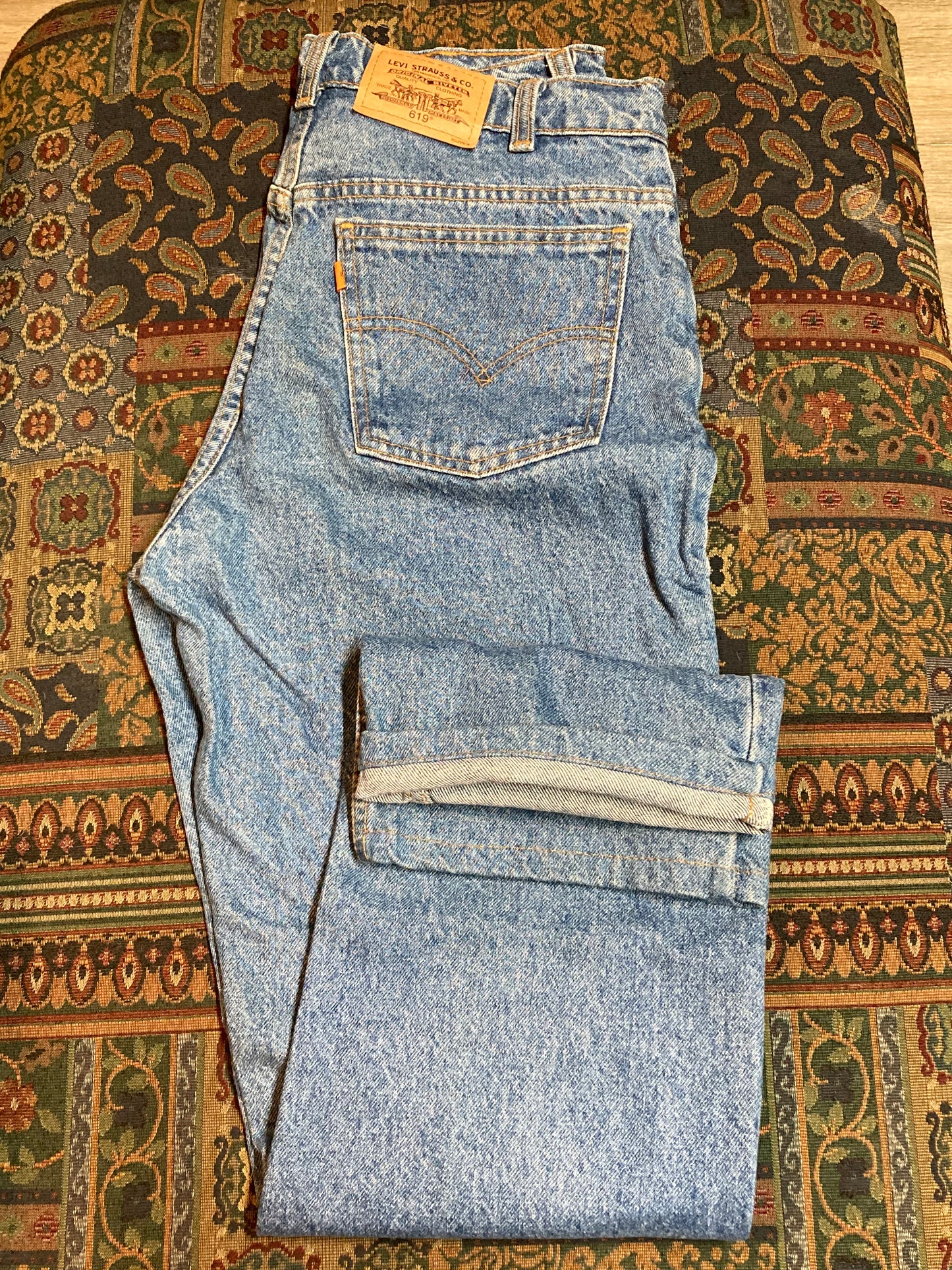 Levi’s 619 - 32”x31.5” Denim Jeans  Vintage Orange Tab  High rise  Straight cut  100% cotton  Medium wash  Button stamped “212”  Labeled 32”x34” with professionally altered hem  Made in Canada - Kingspier Vintage