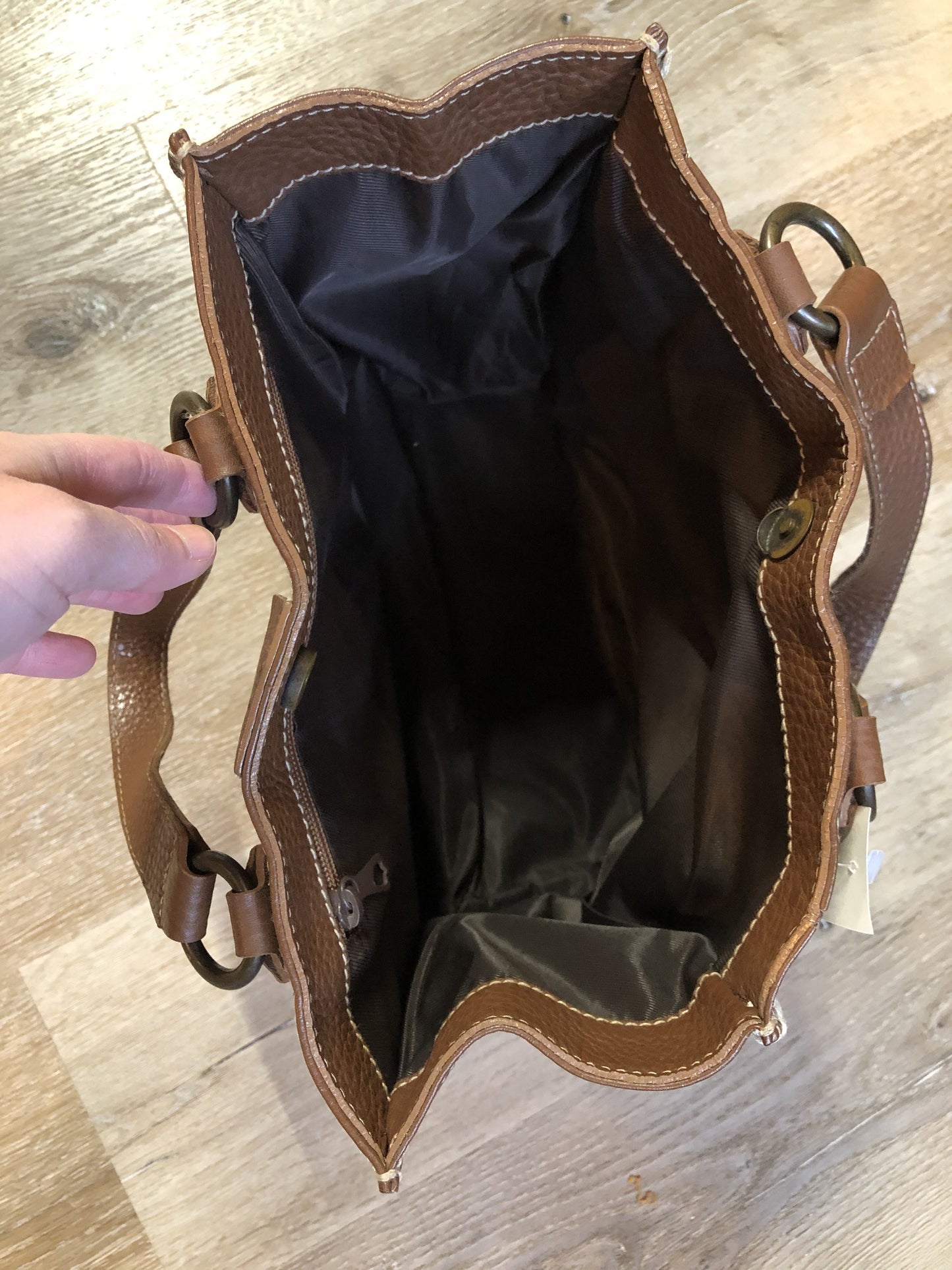 Kingspier Vintage - Russell and Brommley brown pebble leather handbag with decorative stitching one inside compartment
