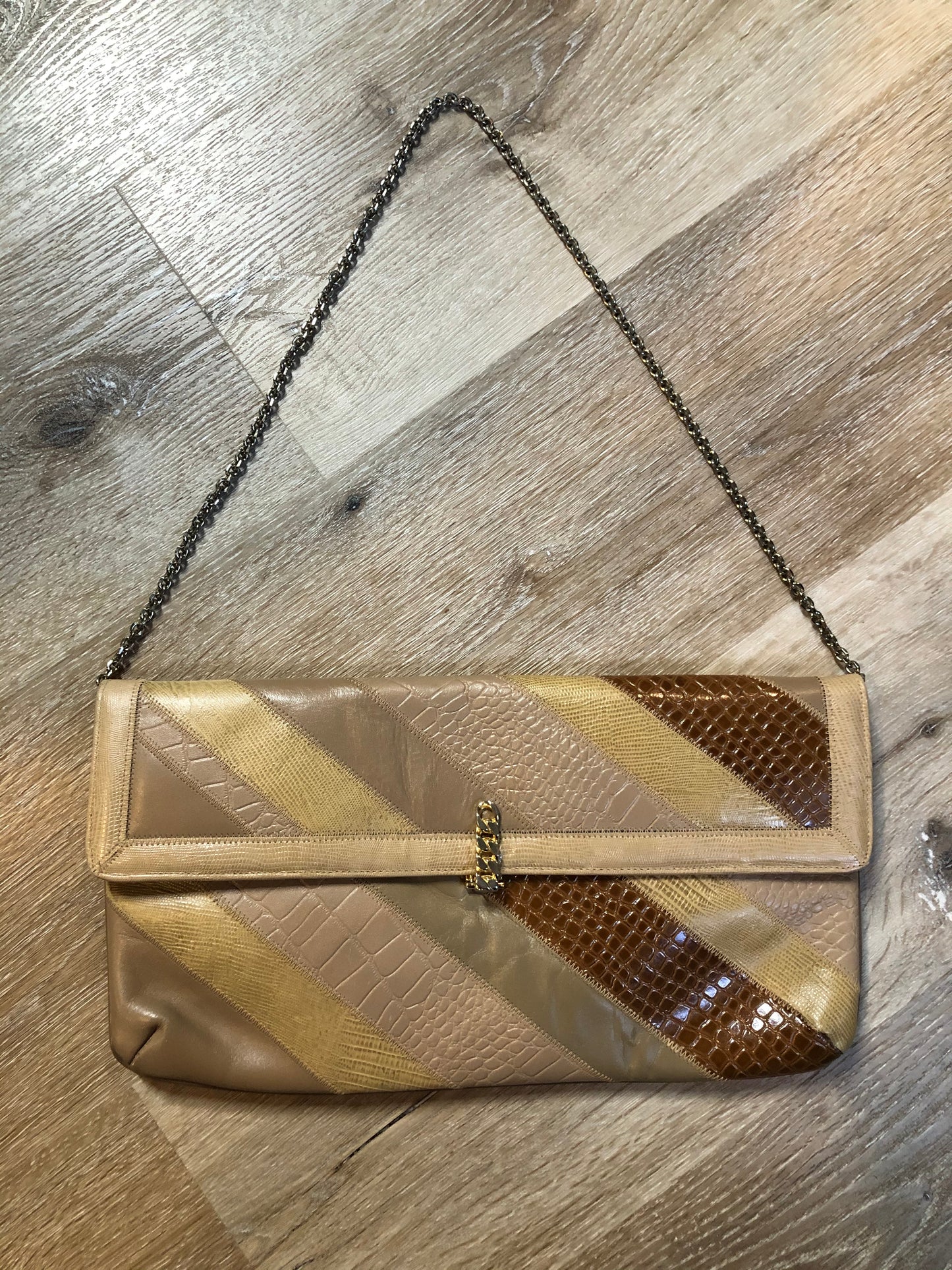 Kingspier Vintage - Caprice leather and snakeskin patchwork envelope clutch with chain shoulder strap and unique front clasp. Made in the USA.