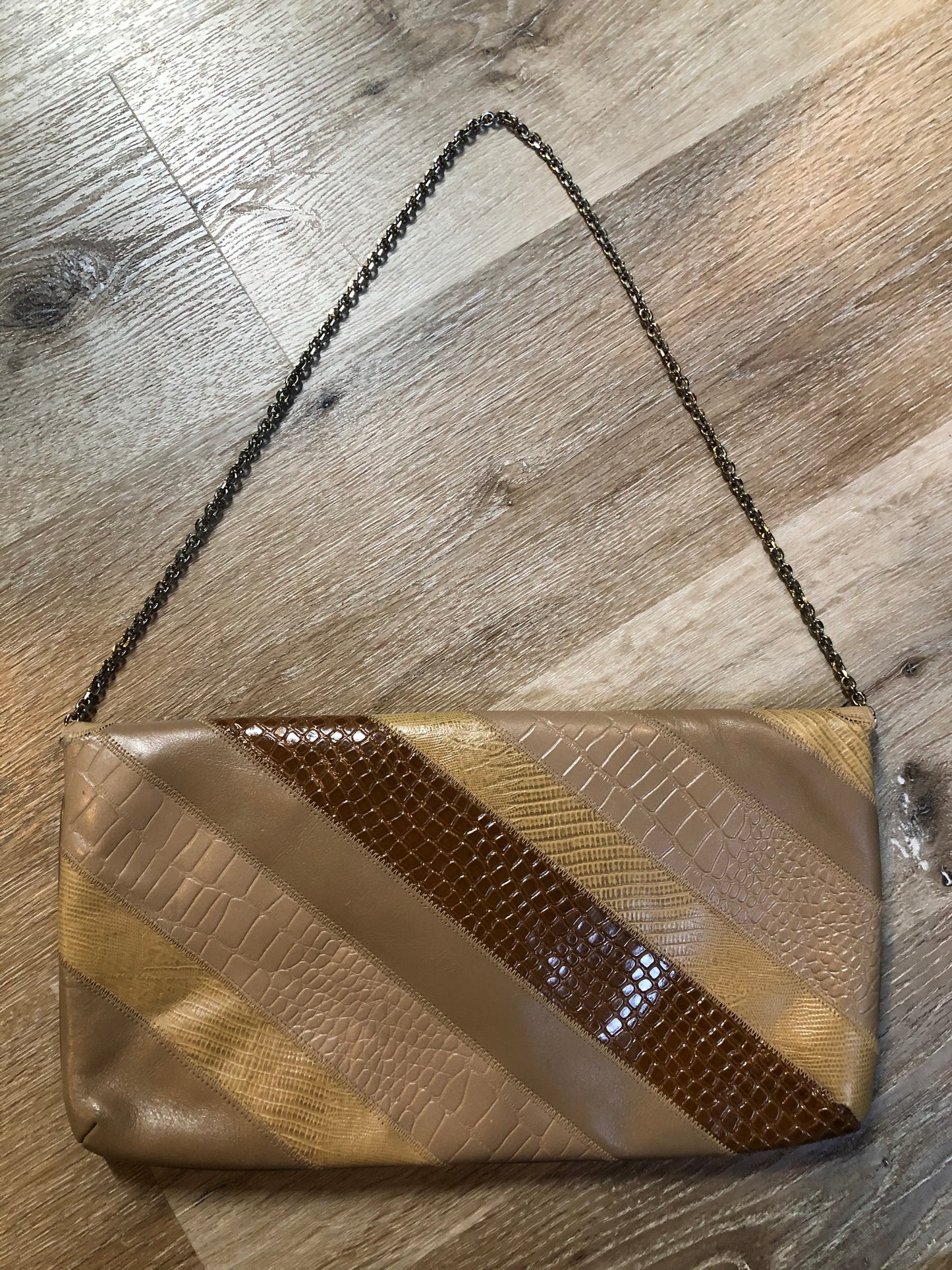 Kingspier Vintage - Caprice leather and snakeskin patchwork envelope clutch with chain shoulder strap and unique front clasp. Made in the USA.