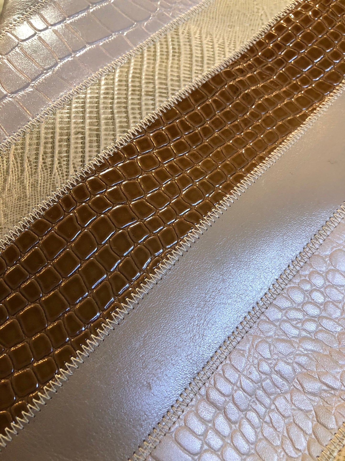 Kingspier Vintage - Caprice leather and snakeskin patchwork envelope clutch with chain shoulder strap and unique front clasp. Made in the USA.