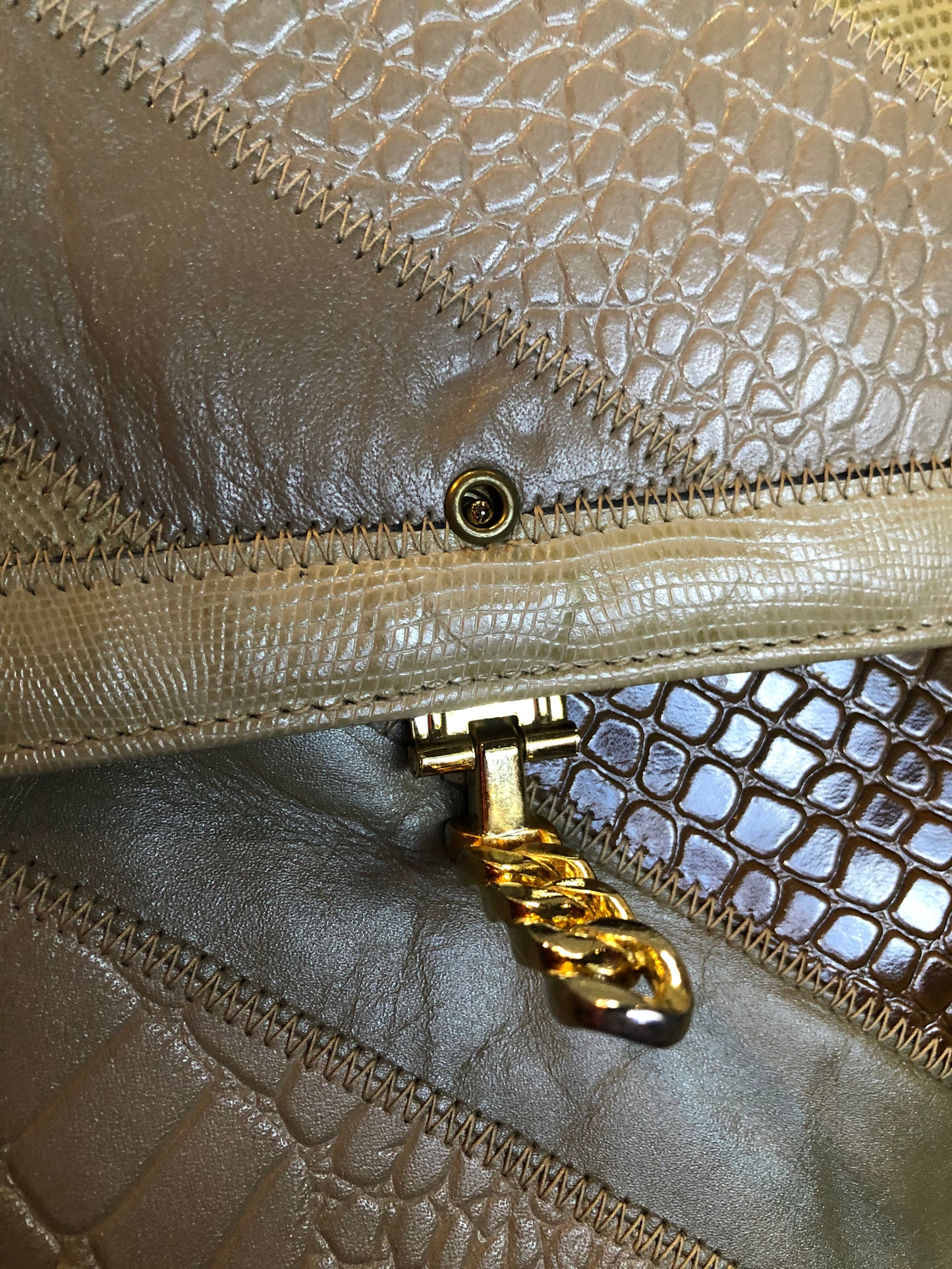 Kingspier Vintage - Caprice leather and snakeskin patchwork envelope clutch with chain shoulder strap and unique front clasp. Made in the USA.