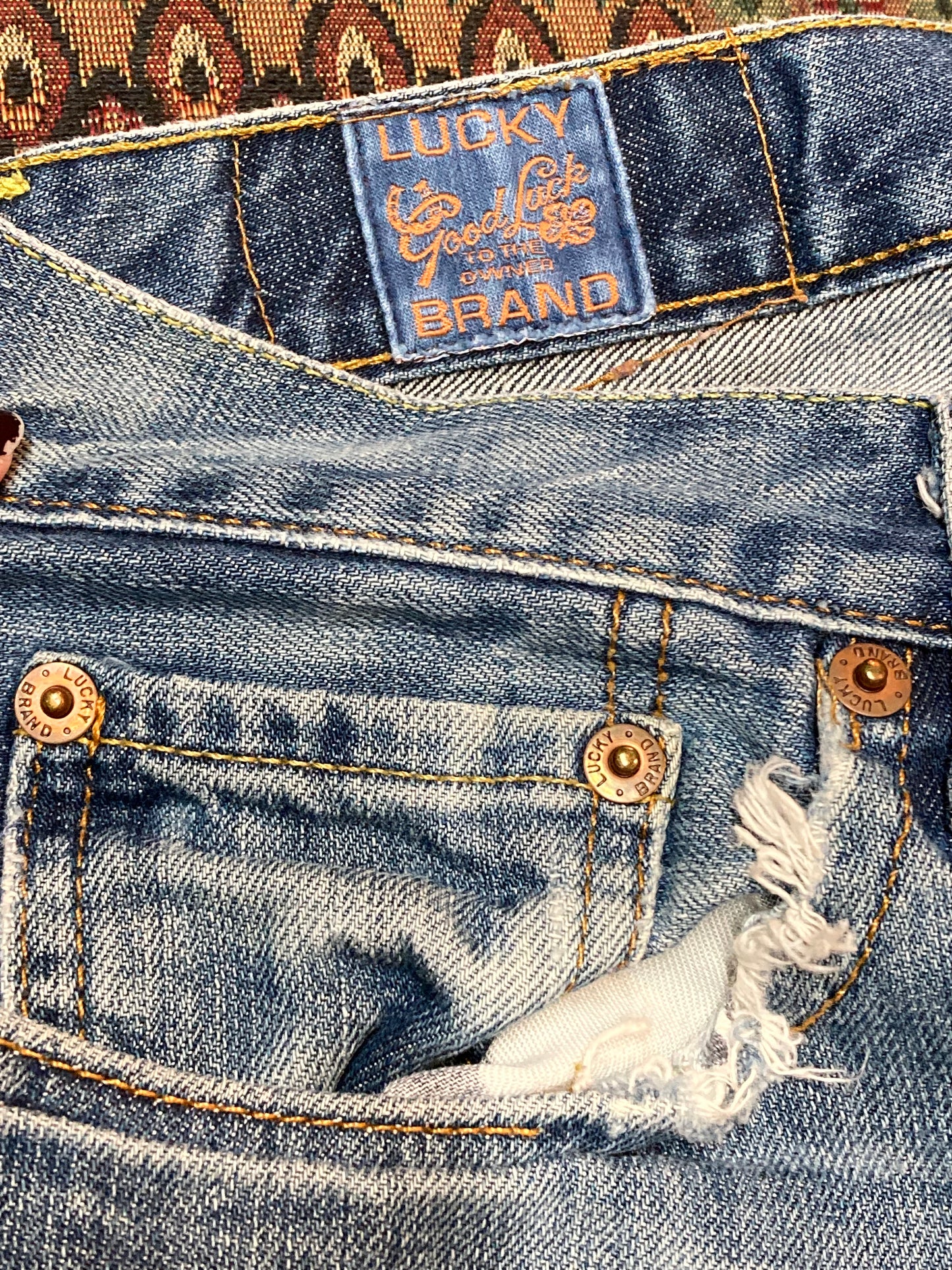 Lucky Brand by Gene Montesano - 34”x31” Slim boot leg Short inseam Mid rise Button fly 100% cotton Made in USA - Kingspier Vintage