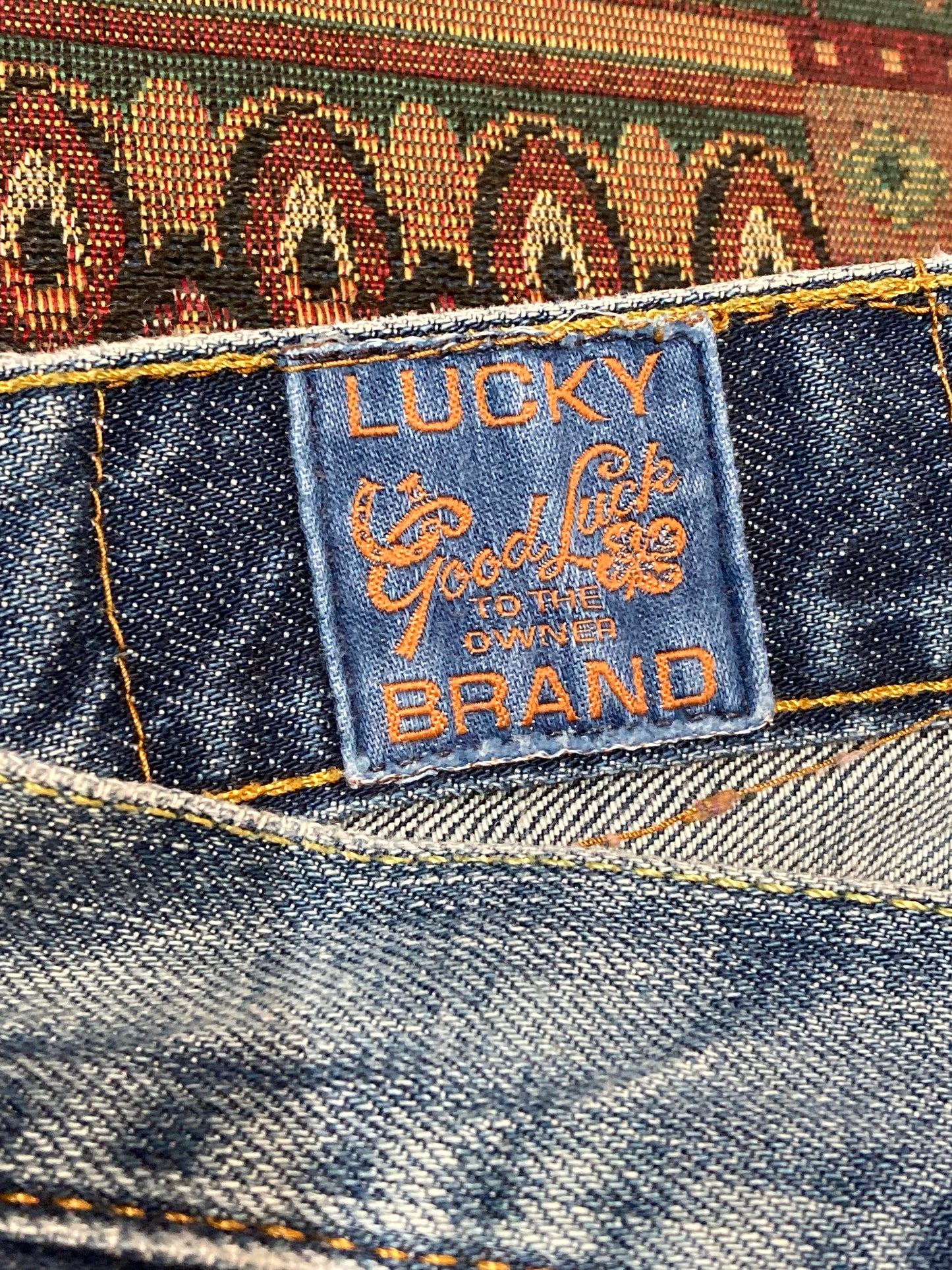 Lucky Brand by Gene Montesano - 34”x31” Slim boot leg Short inseam Mid rise Button fly 100% cotton Made in USA - Kingspier Vintage