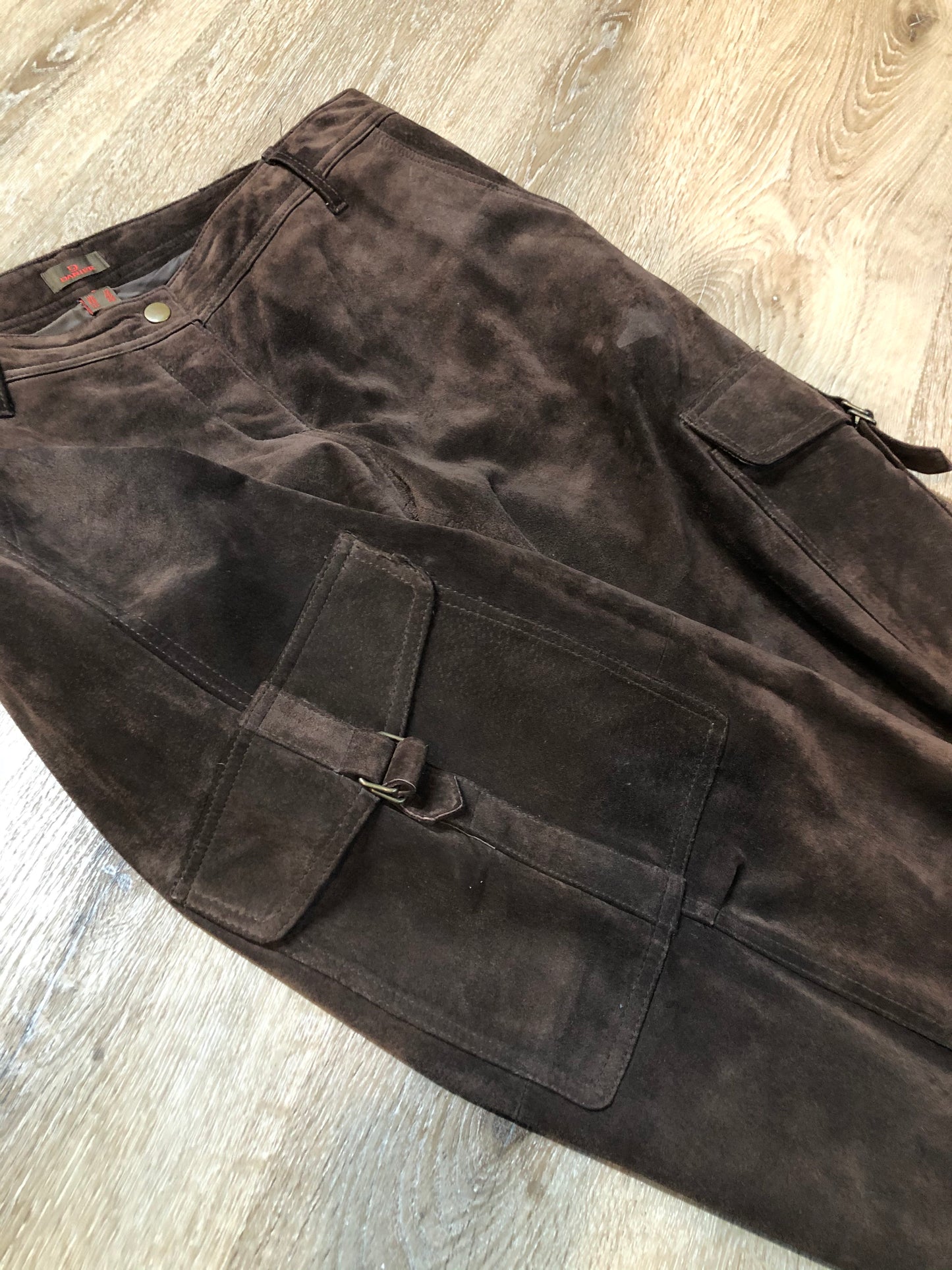 Kingspier Vintage - Danier brown suede straight leg cargo pants with snap closures, front and back pockets and side pockets