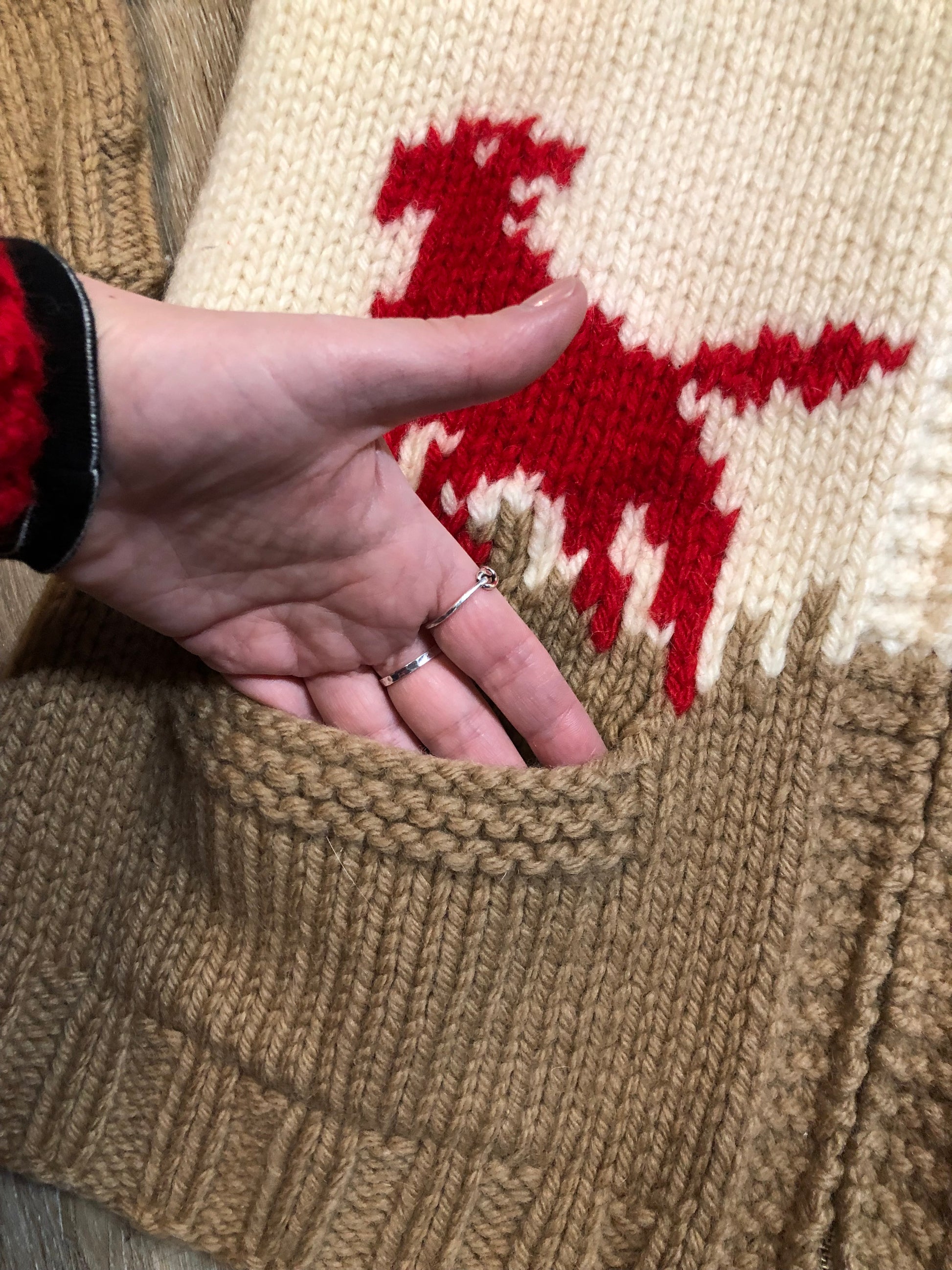 Kingspier Vintage - Vintage deadstock Mary Maxim 100$ wool cardigan. This cardigan features a pheasant hunting motif, two front pockets and a zipper closure.