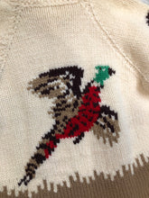 Load image into Gallery viewer, Kingspier Vintage - Vintage deadstock Mary Maxim 100$ wool cardigan. This cardigan features a pheasant hunting motif, two front pockets and a zipper closure.
