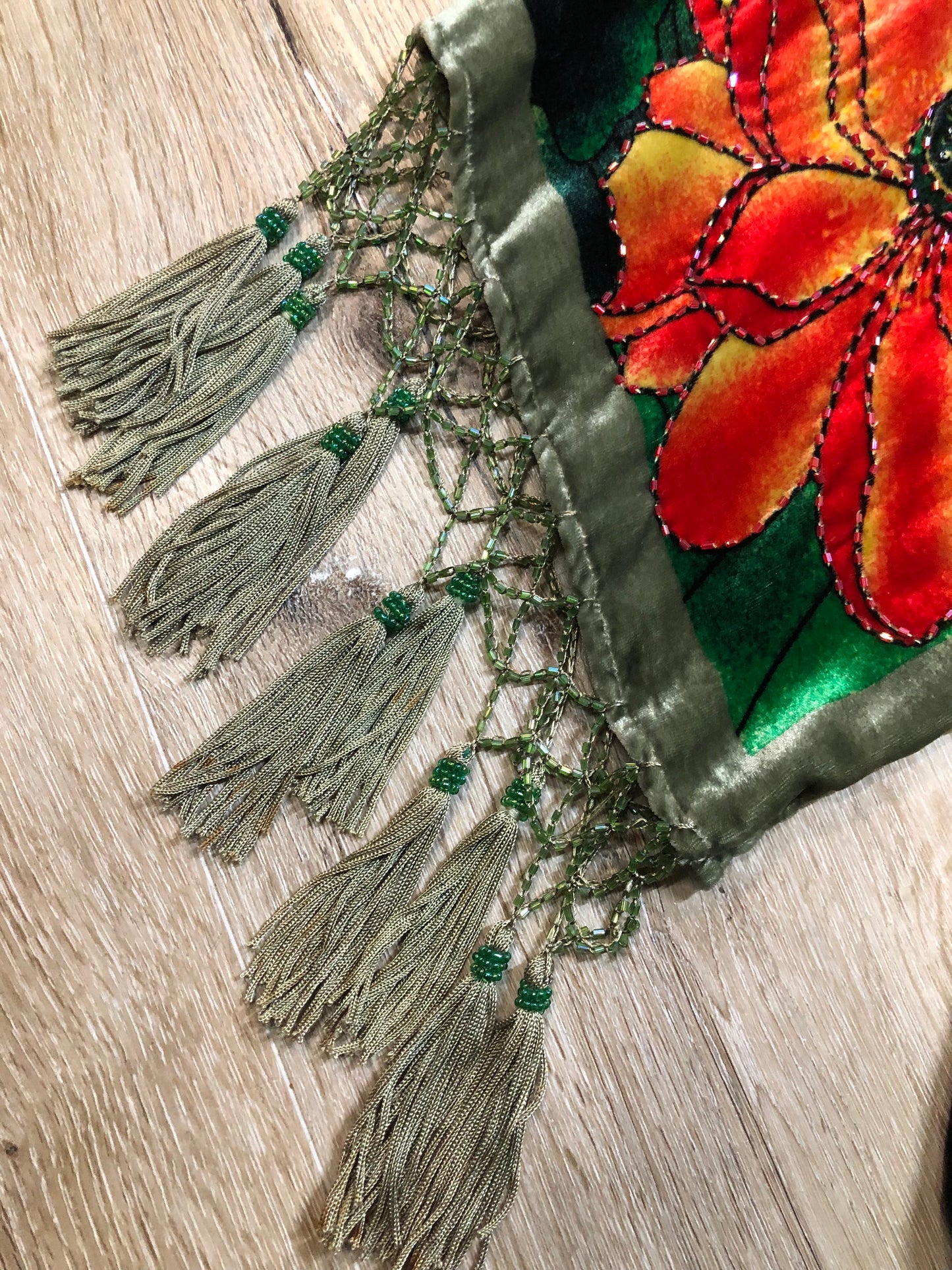 Kingspier Vintage - Vintage Amis. A 100% silk with velvet overlay duster with koi fish design and glass bead tassels and embellishments.