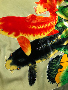 Kingspier Vintage - Vintage Amis. A 100% silk with velvet overlay duster with koi fish design and glass bead tassels and embellishments.