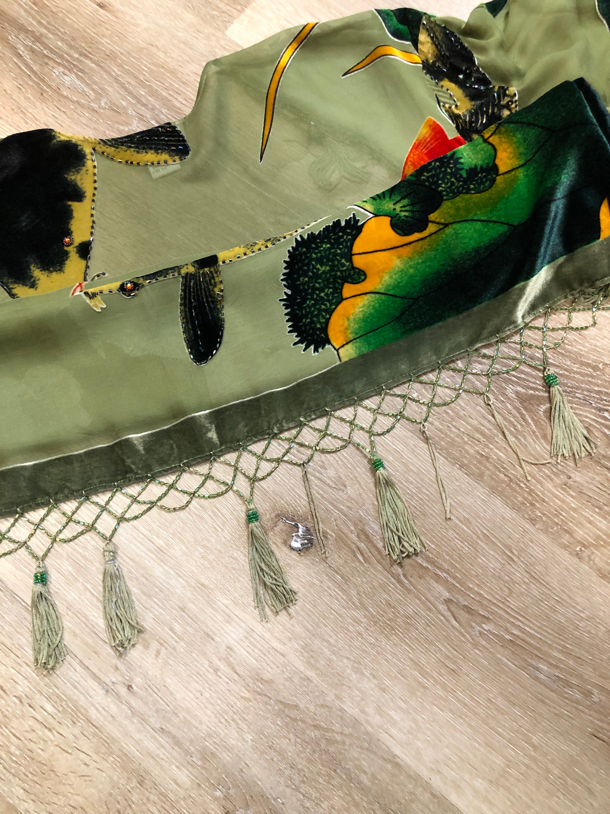 Kingspier Vintage - Vintage Amis. A 100% silk with velvet overlay duster with koi fish design and glass bead tassels and embellishments.