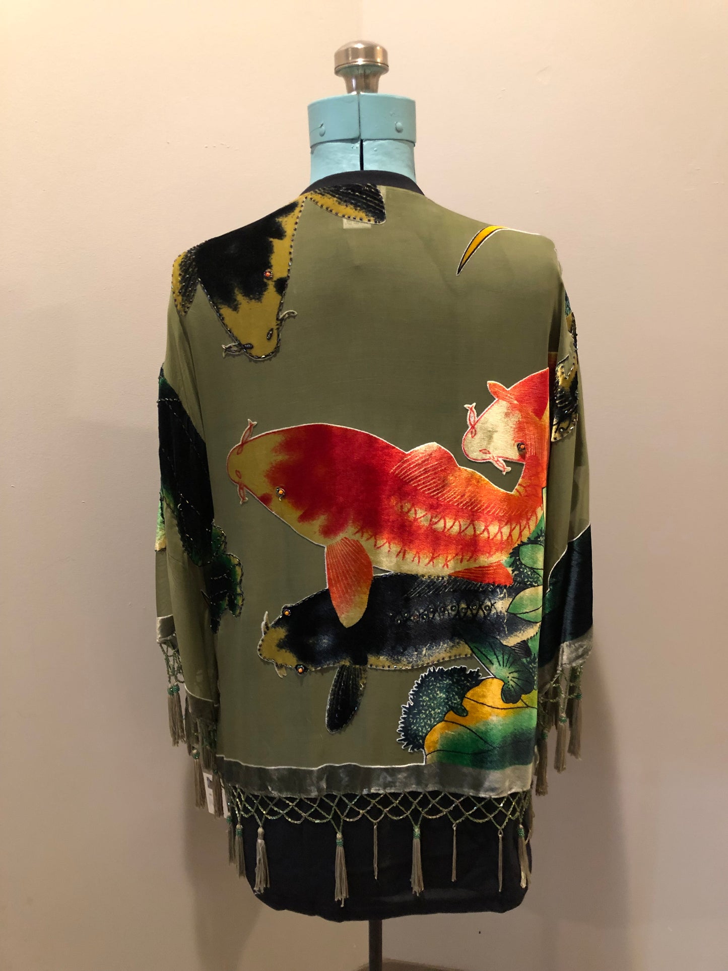 Kingspier Vintage - Vintage Amis. A 100% silk with velvet overlay duster with koi fish design and glass bead tassels and embellishments.