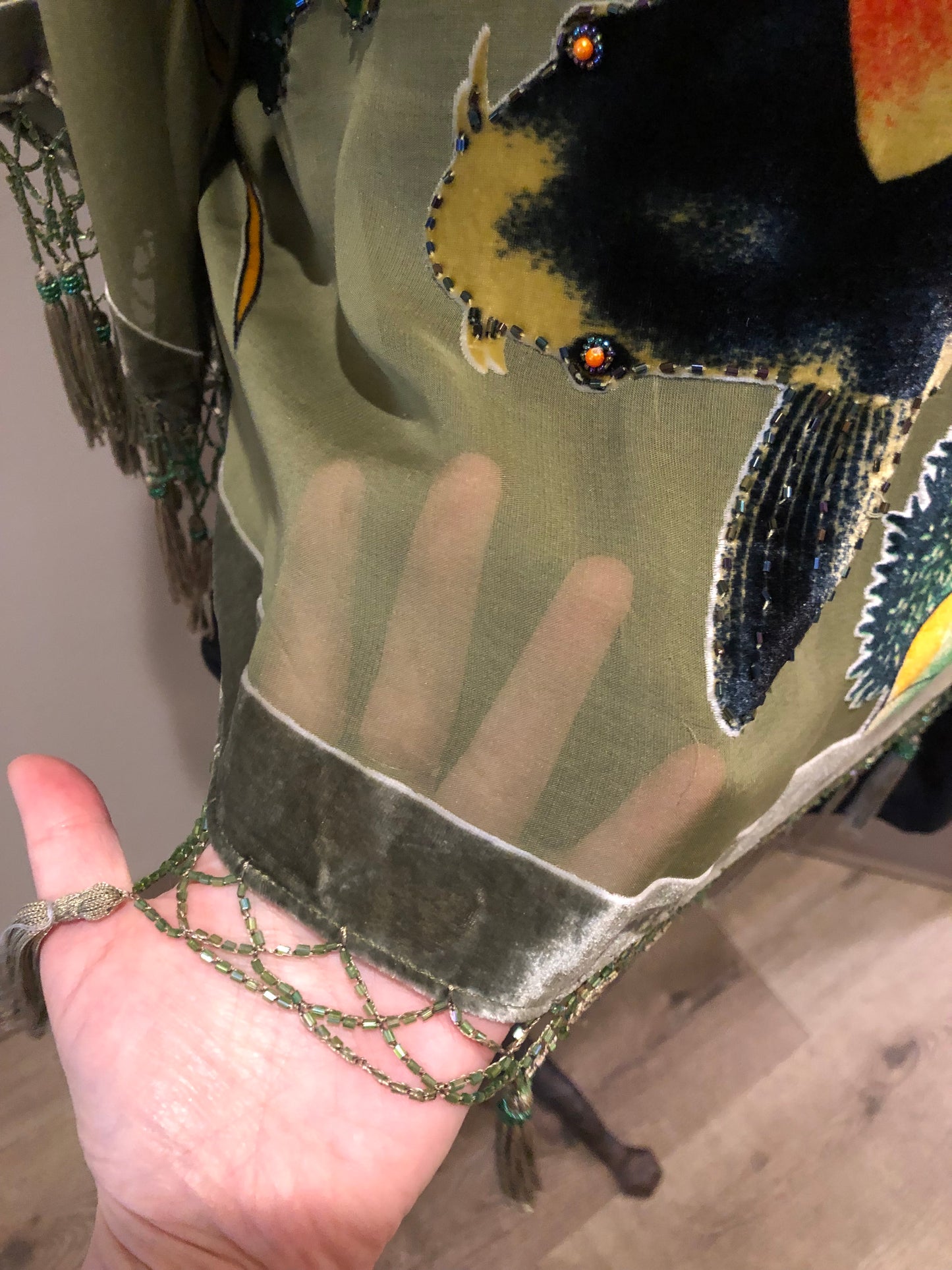 Kingspier Vintage - Vintage Amis. A 100% silk with velvet overlay duster with koi fish design and glass bead tassels and embellishments.