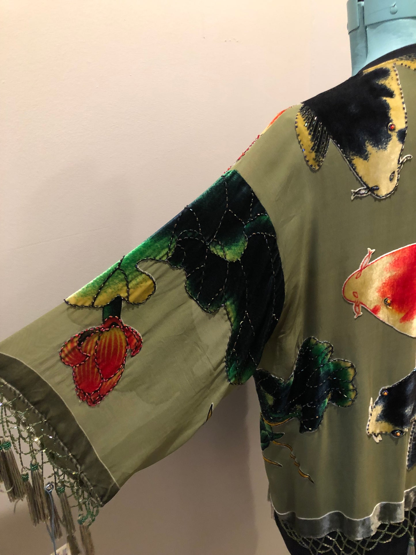 Kingspier Vintage - Vintage Amis. A 100% silk with velvet overlay duster with koi fish design and glass bead tassels and embellishments.