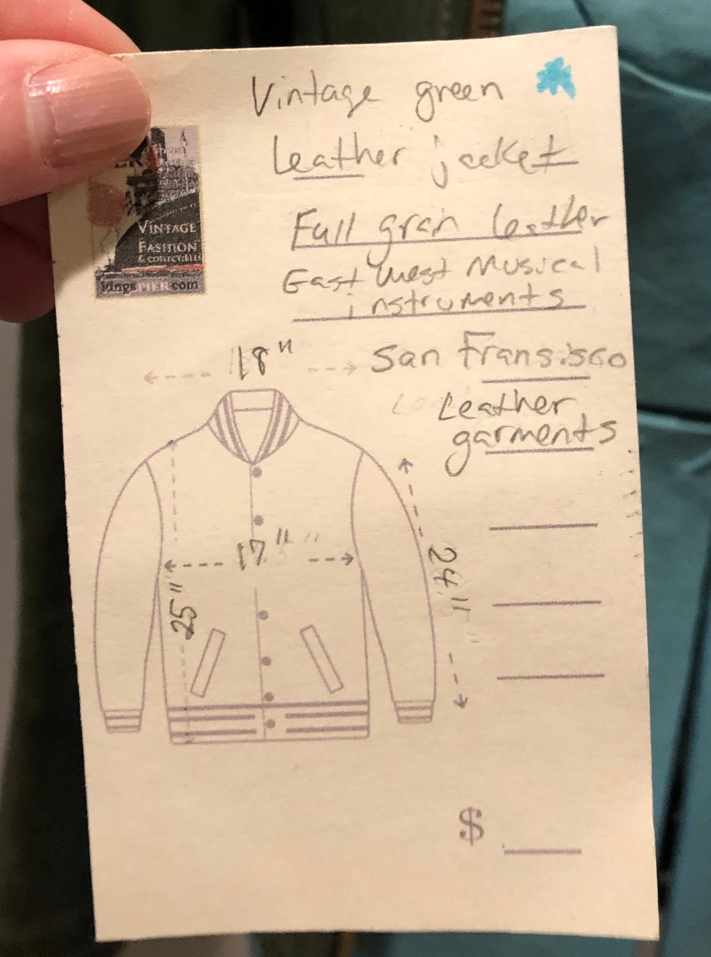 Very Rare Vintage 60s/ 70s East West Musical Instruments Co. Green Leather Jacket, Made in USA, SOLD