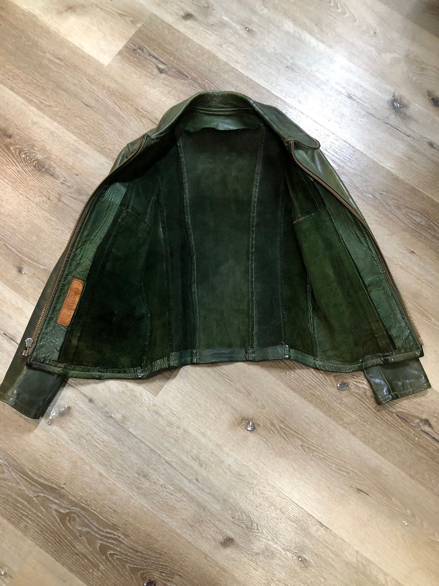 Very Rare Vintage 60s/ 70s East West Musical Instruments Co. Green Leather Jacket, Made in USA, SOLD