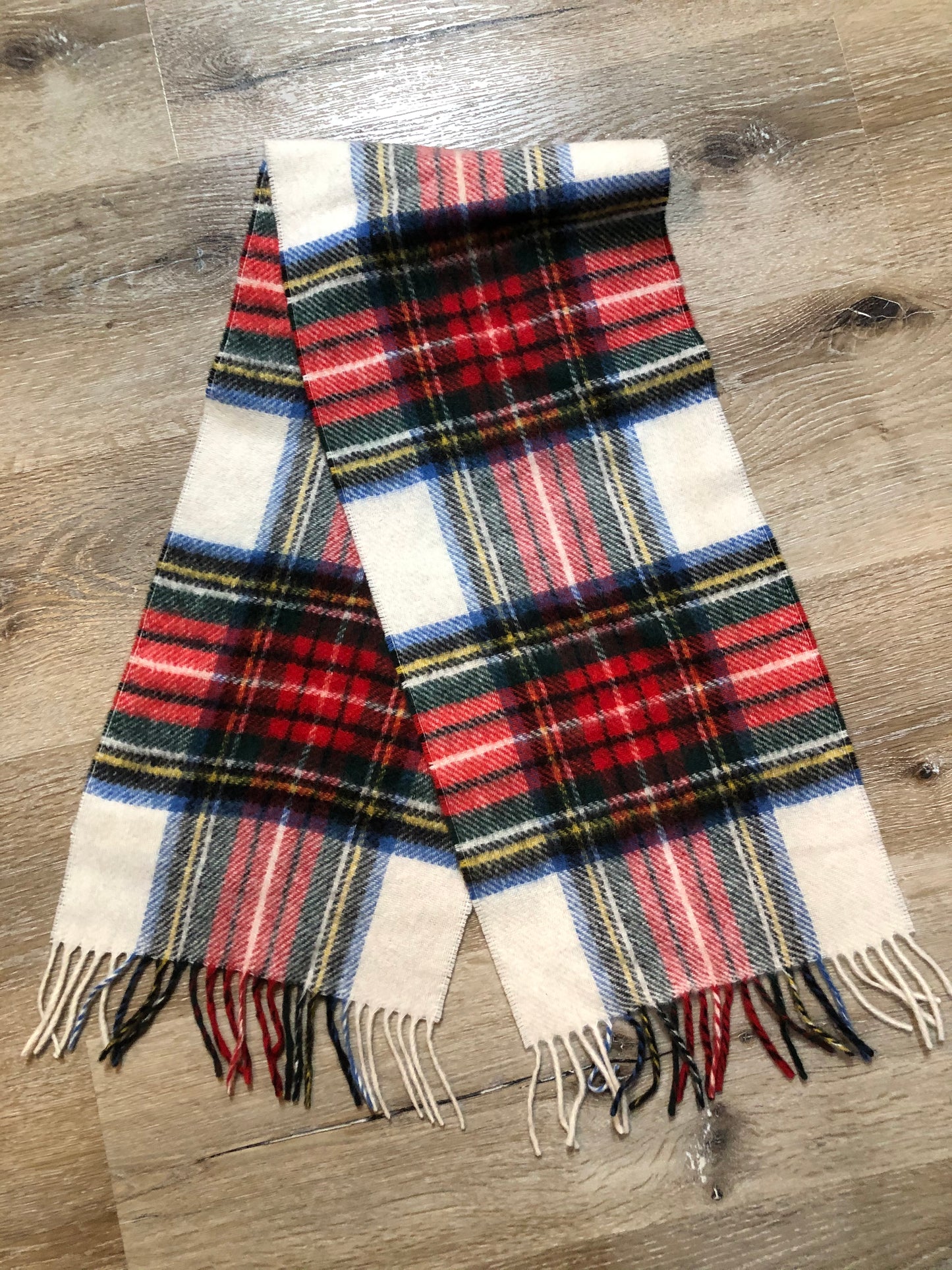 Kingspier Vintage - Vintage Shetland white, red, black, blue and yellow plaid wool scarf.
