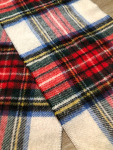 Kingspier Vintage - Vintage Shetland white, red, black, blue and yellow plaid wool scarf.
