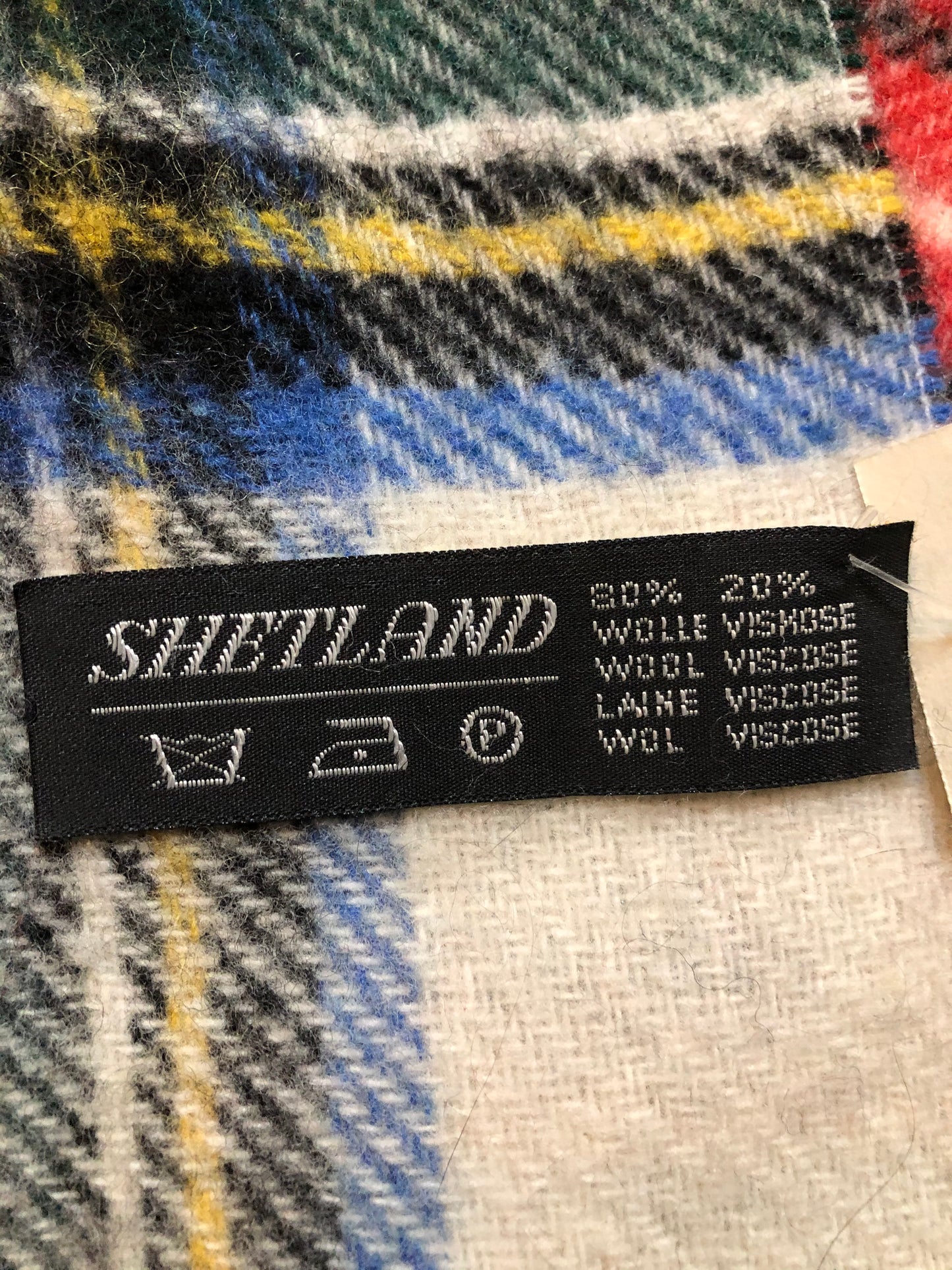 Kingspier Vintage - Vintage Shetland white, red, black, blue and yellow plaid wool scarf.