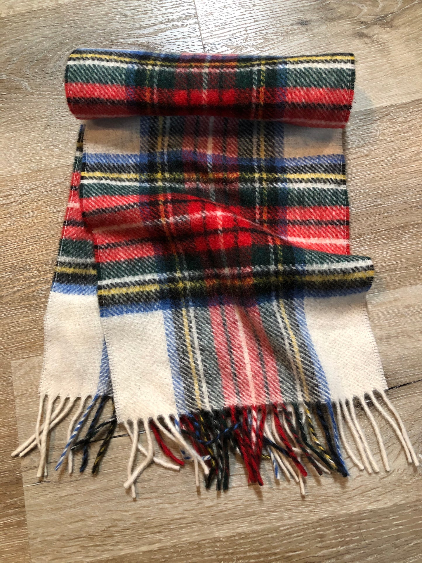 Kingspier Vintage - Vintage Shetland white, red, black, blue and yellow plaid wool scarf.