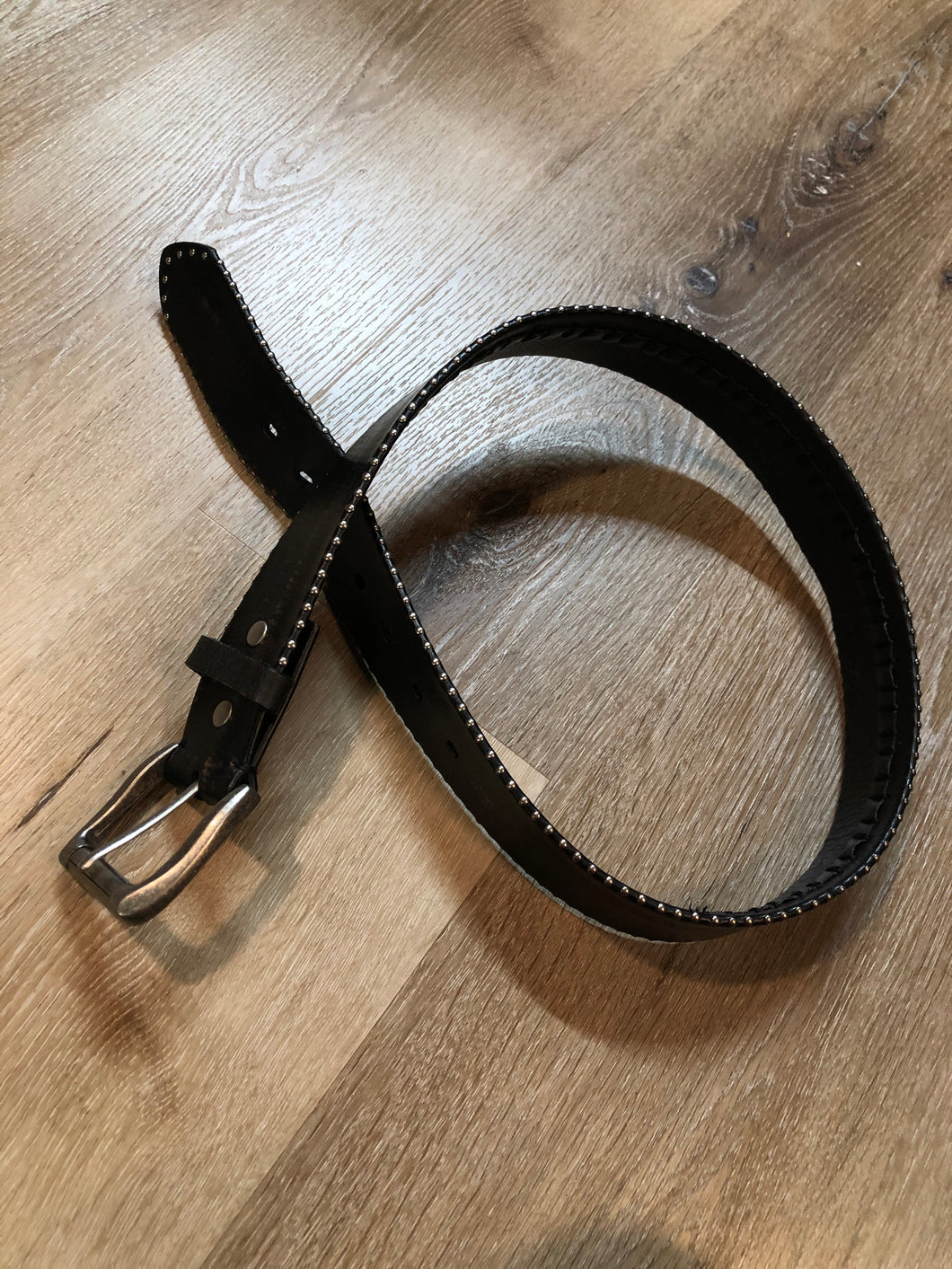 Kingspier Vintage - Black Leather belt with unique small stud trim.
