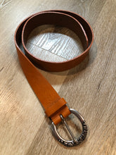 Load image into Gallery viewer, Kingspier Vintage - Brown leather belt with silver decorative buckle with floral tooling.

