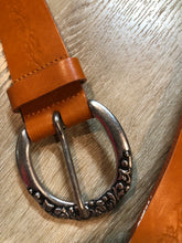 Load image into Gallery viewer, Kingspier Vintage - Brown leather belt with silver decorative buckle with floral tooling.

