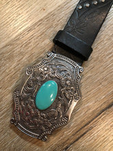 Load image into Gallery viewer, Kingspier Vintage - Black leather belt with butterfly motif tooling and buckle with faux turquoise stone.
