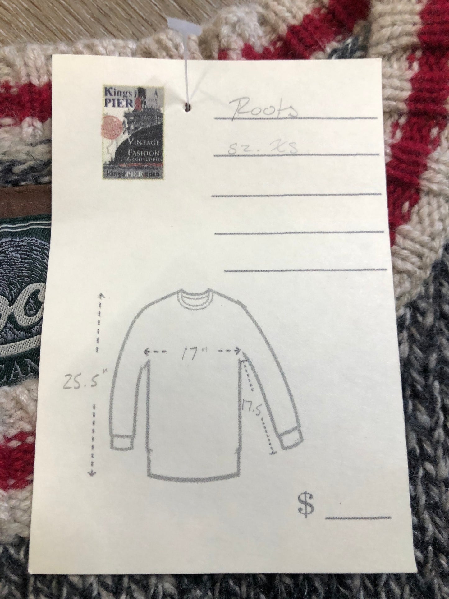 Kingspier Vintage - Roots wool blend crew neck sweater with signature cabin stripe,
Size XS