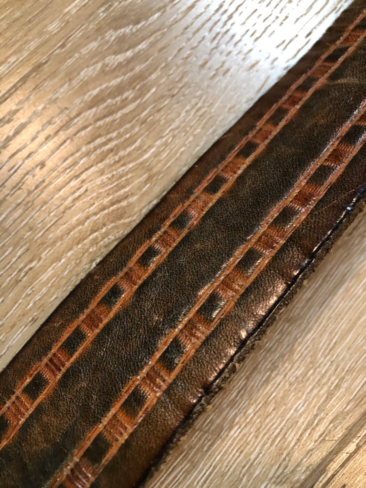 Kingspier Vintage - Brown textured leather belt with brown and dark brown square stripe motif.