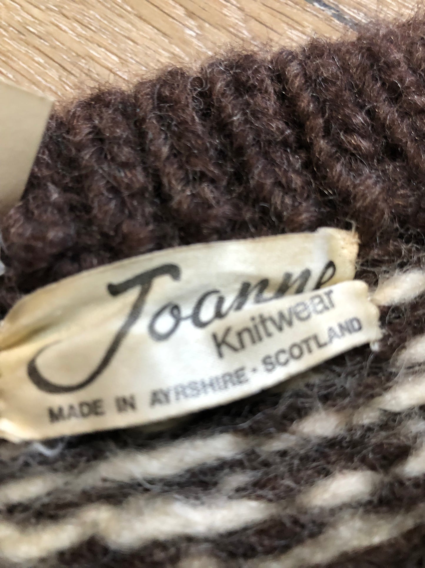 Kingspier Vintage - Vintage Joanne Knitwear 100% wool crewneck sweater with brown and beige fair isle design.
Made in Ayrshire, Scotland.