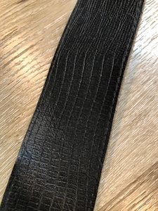 Kingspier Vintage - Black croc-embossed leather belt with brass buckle. 
