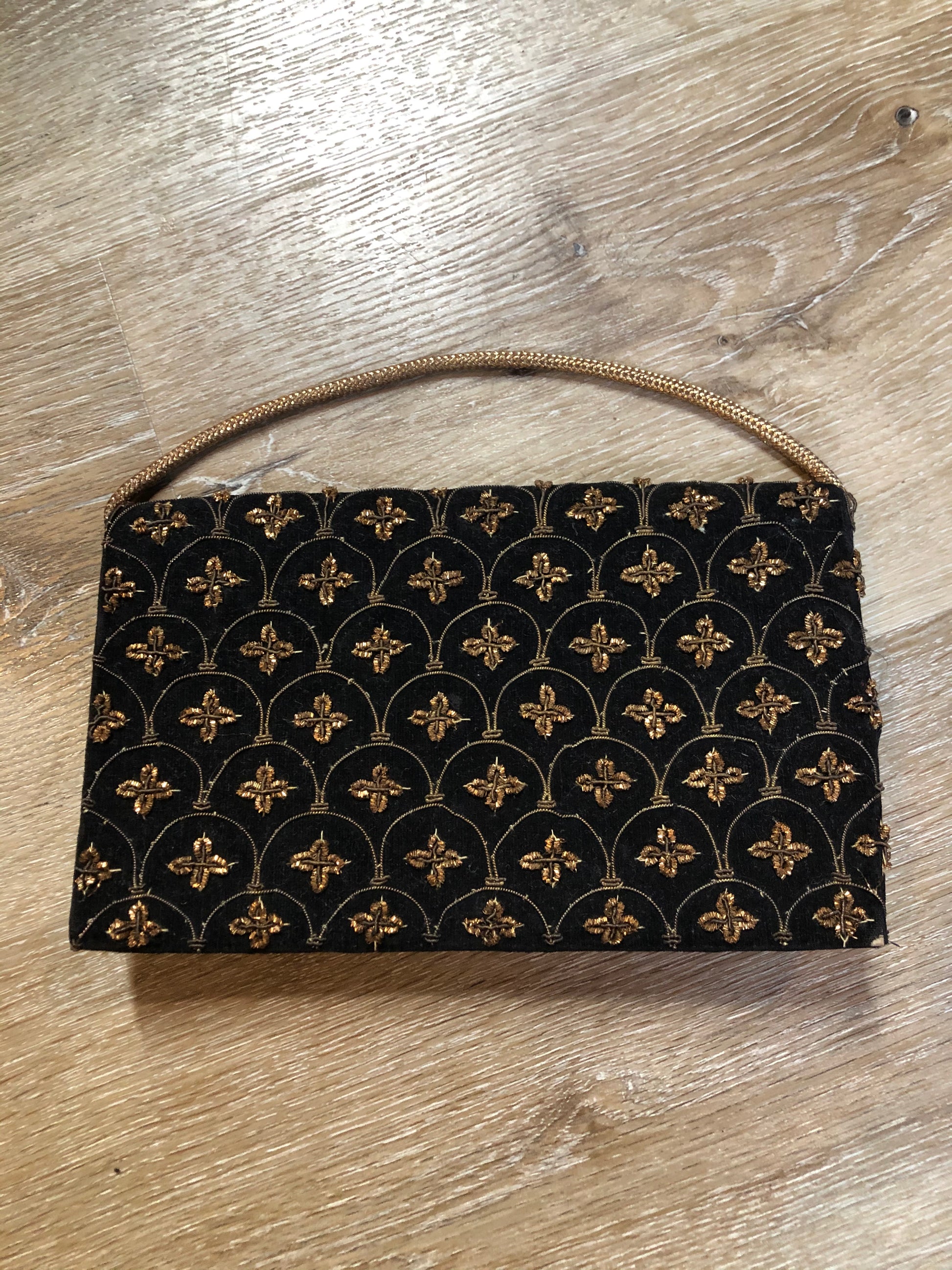 Kingspier Vintage - Handmade black velvet evening bag with gold beading and beaded hand strap on the back