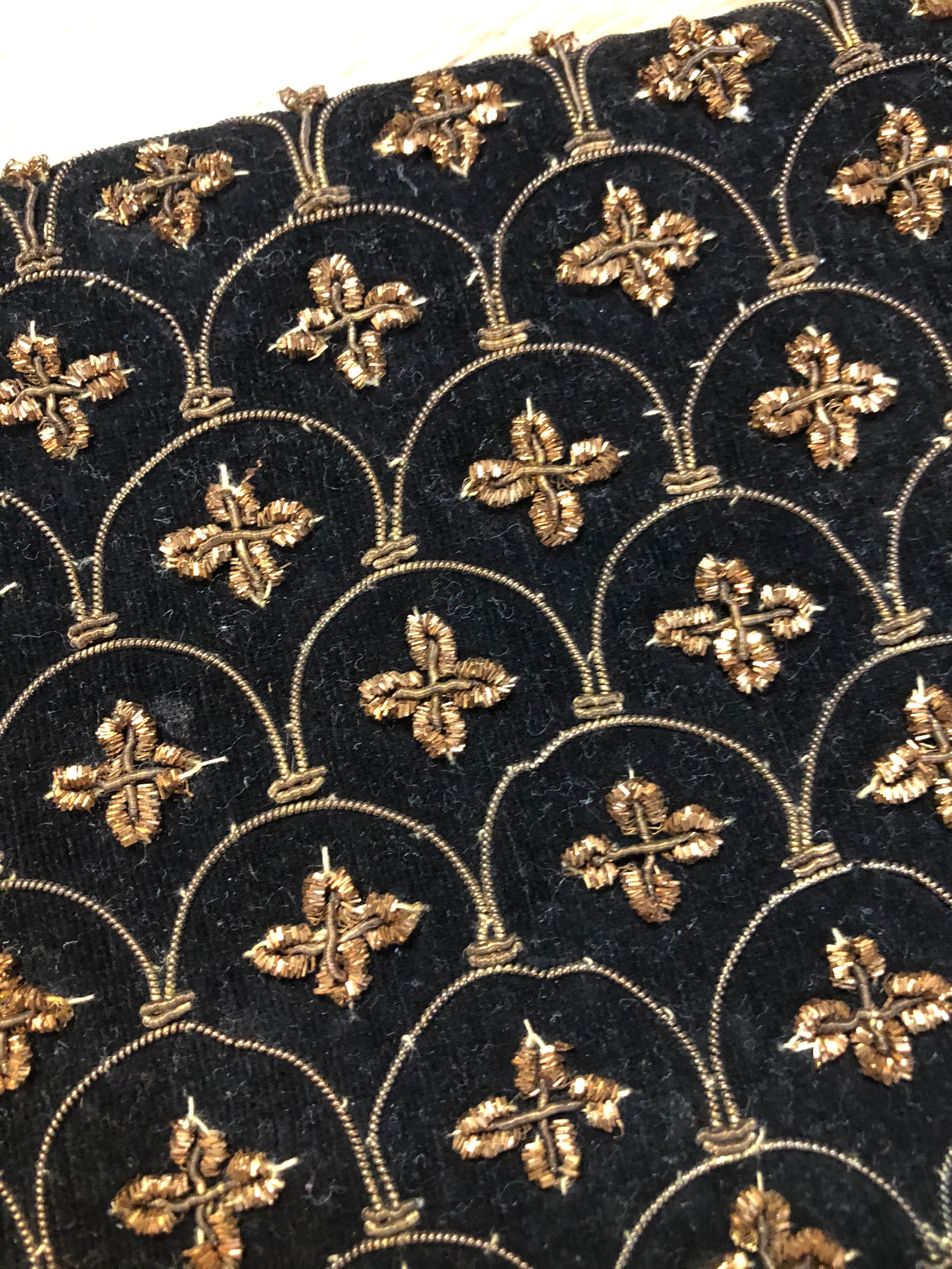 Kingspier Vintage - Handmade black velvet evening bag with gold beading and beaded hand strap on the back