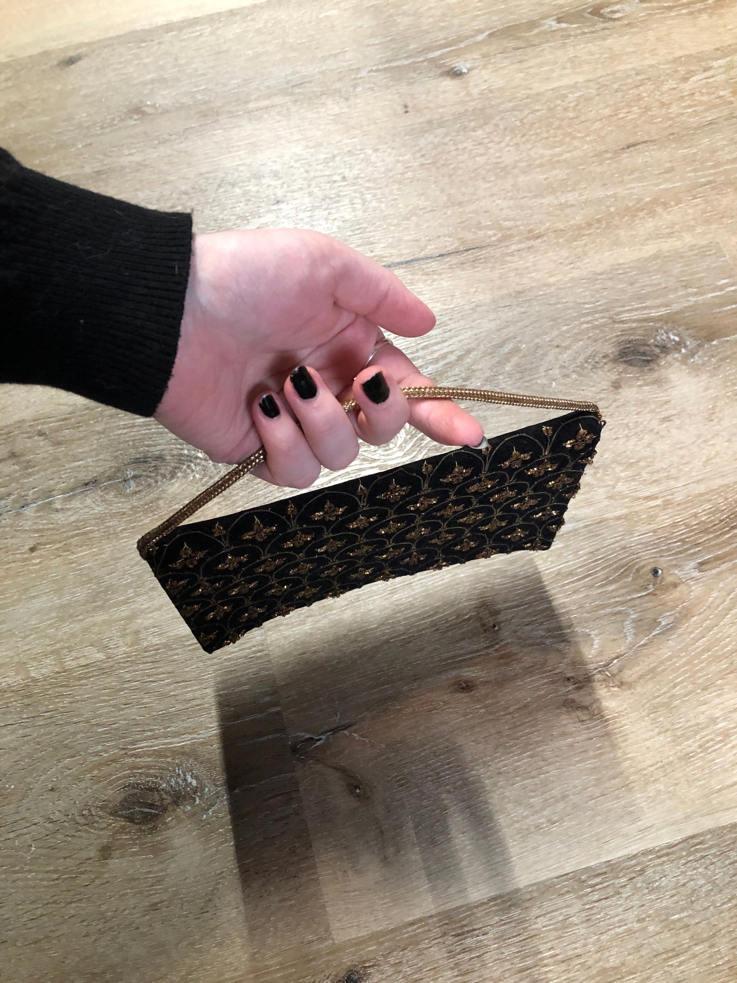 Kingspier Vintage - Handmade black velvet evening bag with gold beading and beaded hand strap on the back